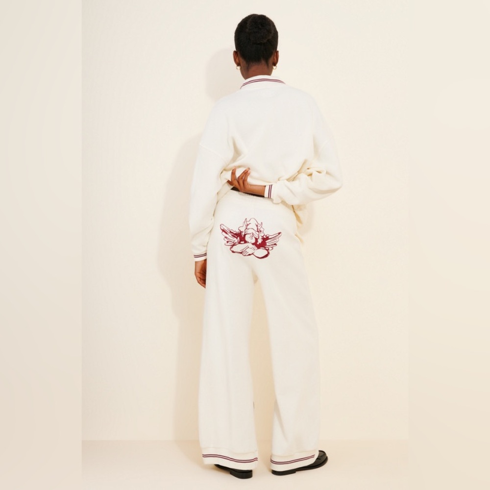 Boys Lie Cream Track Pants with Burgundy Angel Embroidery